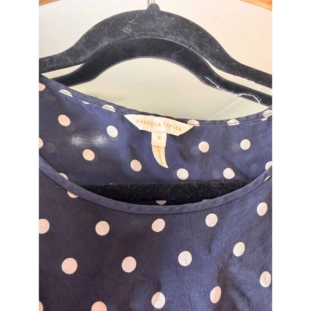 Rebecca Taylor Blouse Womens 8 Navy Blue Excellent Silk Polka Dot Ruffle Top - Picture 2 of 6